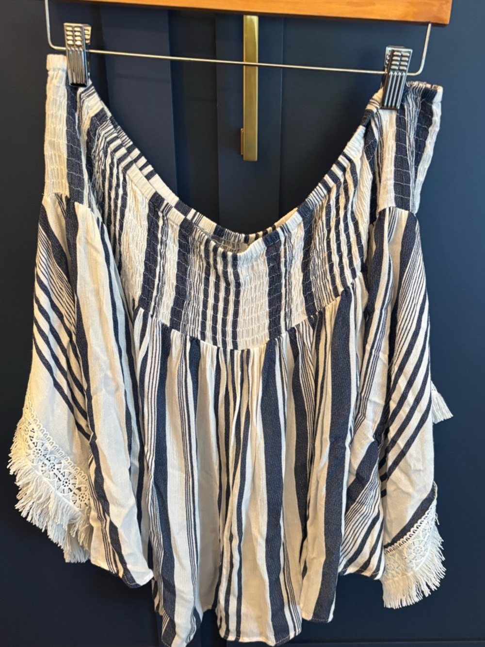 Mud Pie Navy & Cream Striped Off-Shoulder Top with Tassel Hem